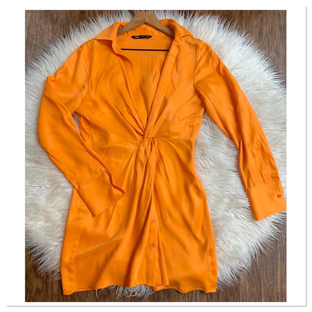 Zara Satin Orange Shirt Dress Long Sleeve Twist Middle Size Medium